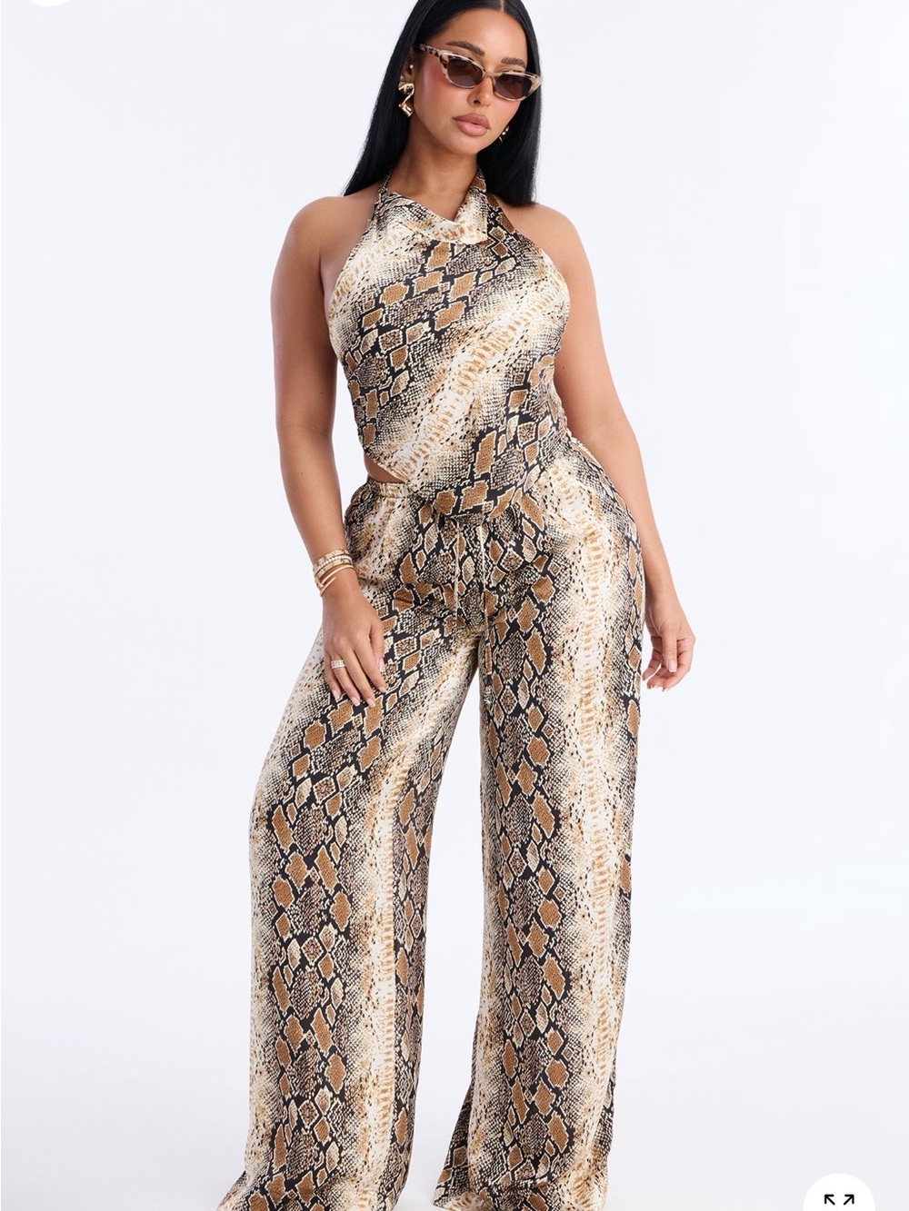 Fashion Nova Snake-Print Halter Cutout Jumpsuit in Tan & Black